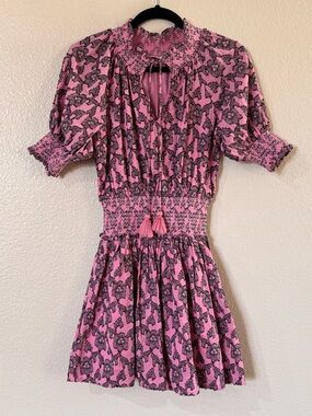 Roller Rabbit Pau Fiorella Smocked Mini Dress Pink Black - Size M